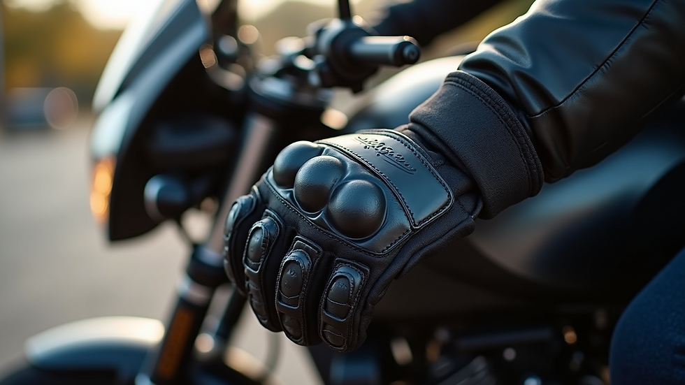 Close-up view of motorcycle gloves with reinforced knuckles