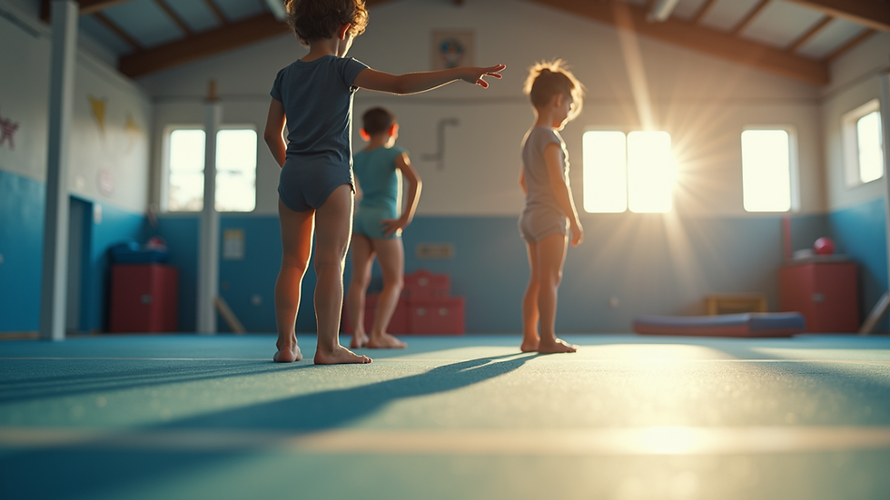 Eye-level view of a gymnastics class with children practicing