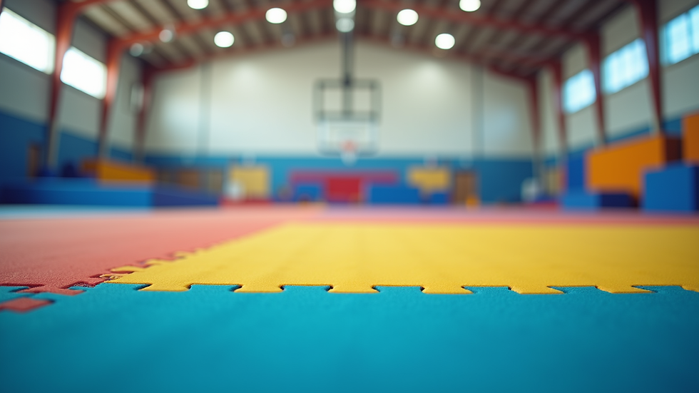 Eye-level view of a colorful gymnastics mat in a bright gymnasium