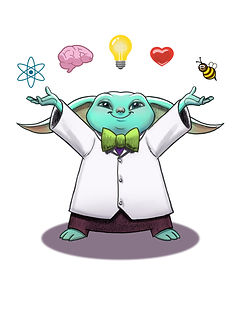 Prof. Ed holding atom, brain, light bulb, heart, bee