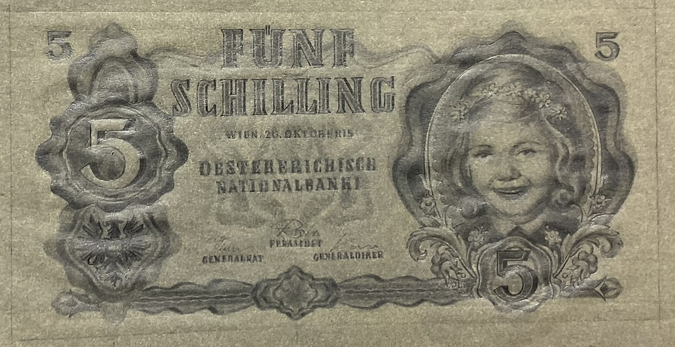 Bleistiftskizze der Vorderseite einer Banknote zu 5 Schilling von Roman Hellmann, ca. 1955. Abbildungsnachweis: Geldmuseum der OeNB.
