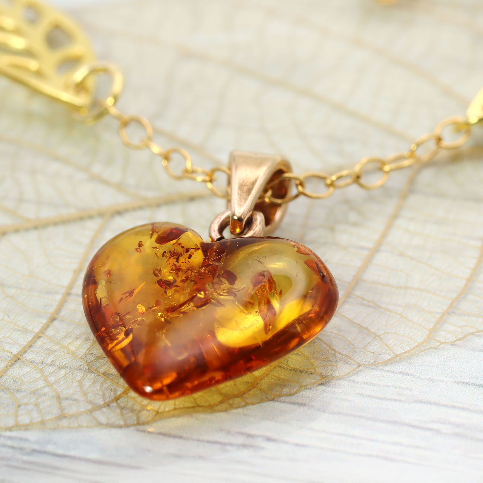 Amber Heart Necklace with Golden Leaves