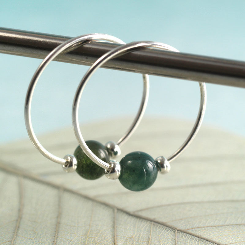 Thumbnail: Silver Gem Hoops with Moss Agate Beads