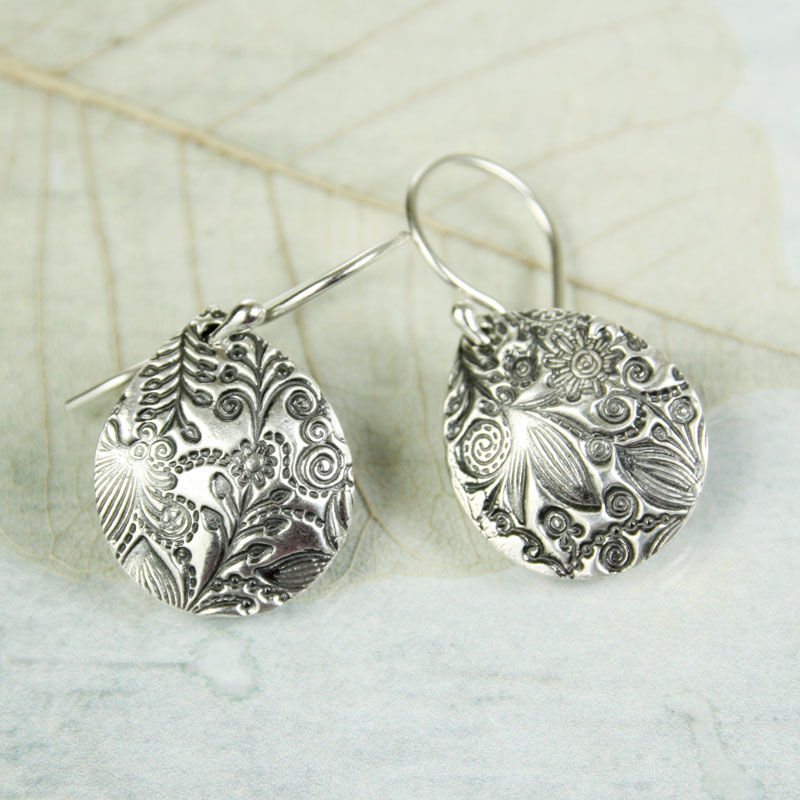Thumbnail: Silver Drop Earrings Flower Pattern
