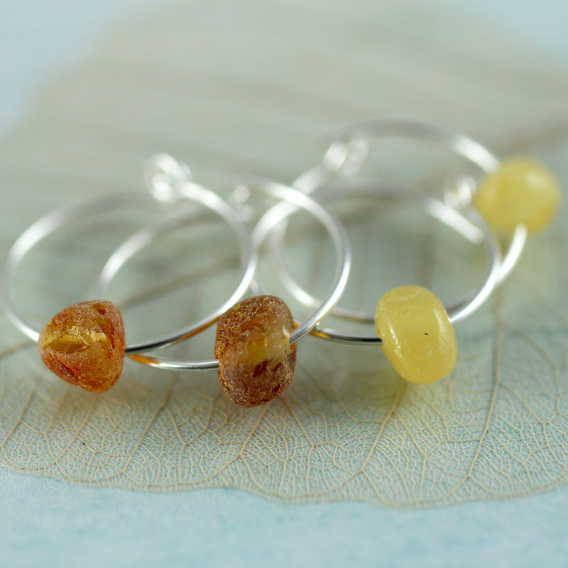Thumbnail: Silver Amber Hoops  Sterling Sleeper Earrings