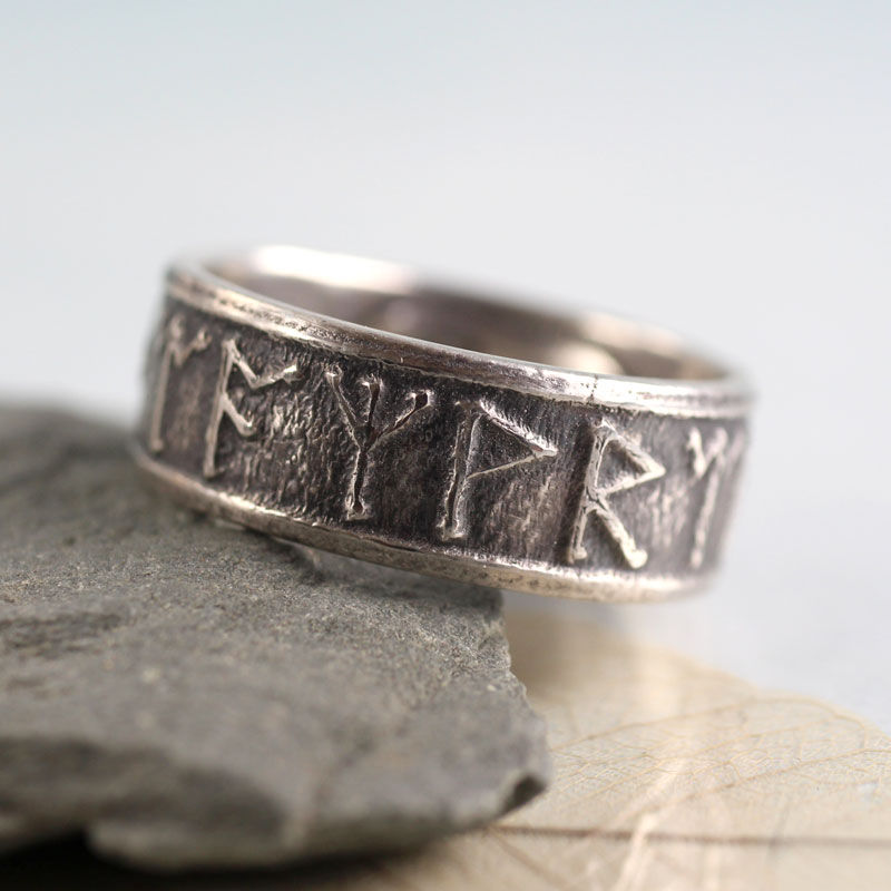 Thumbnail: Personalized Viking Rune Ring Sterling Silver Band