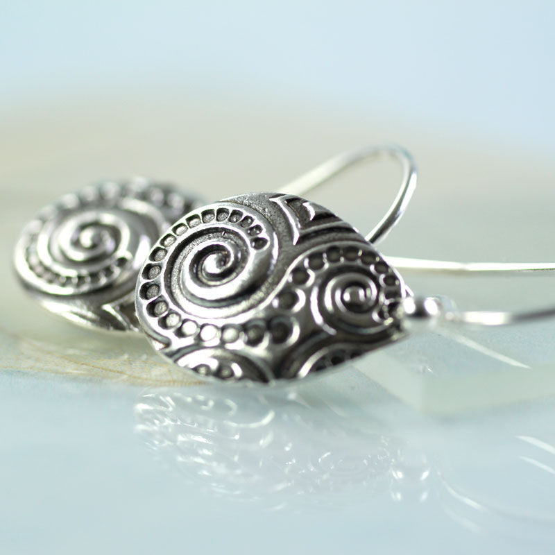 Thumbnail: Silver Spiral Pattern Earrings Petal Dangle