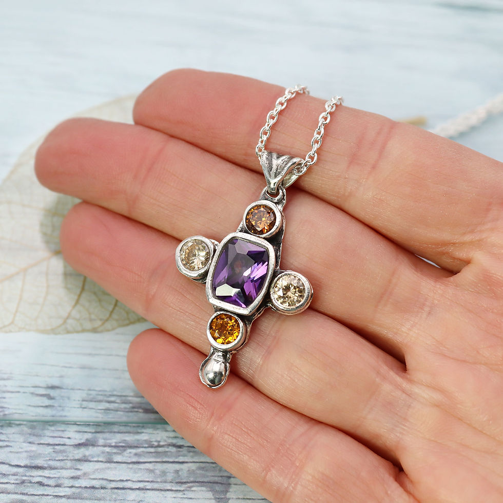 Thumbnail: Gem-studded Silver Cross Necklace