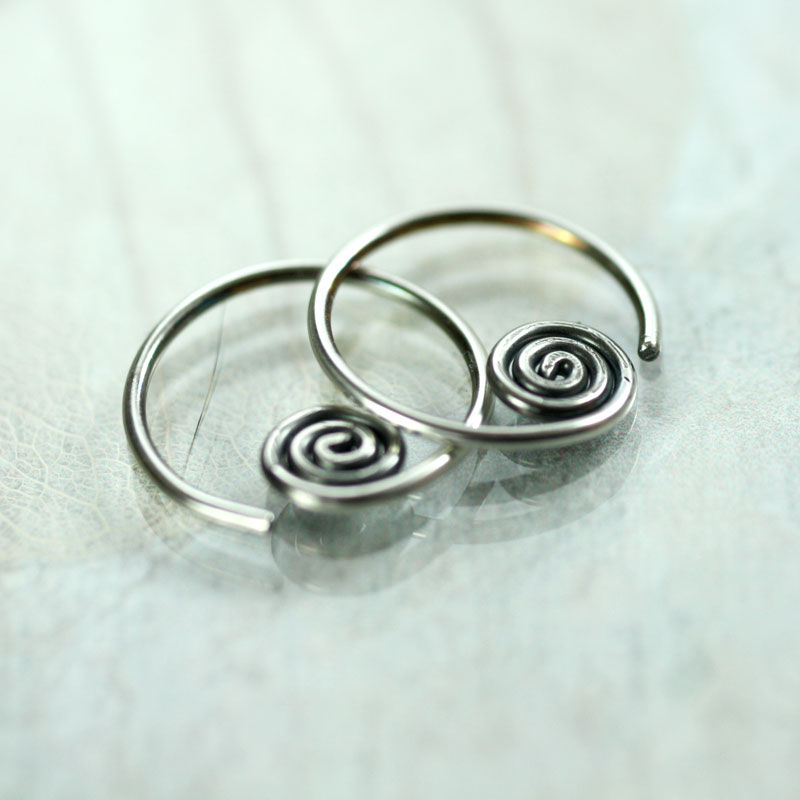 Thumbnail: Silver Sleeper Hoops with Sideways Spiral