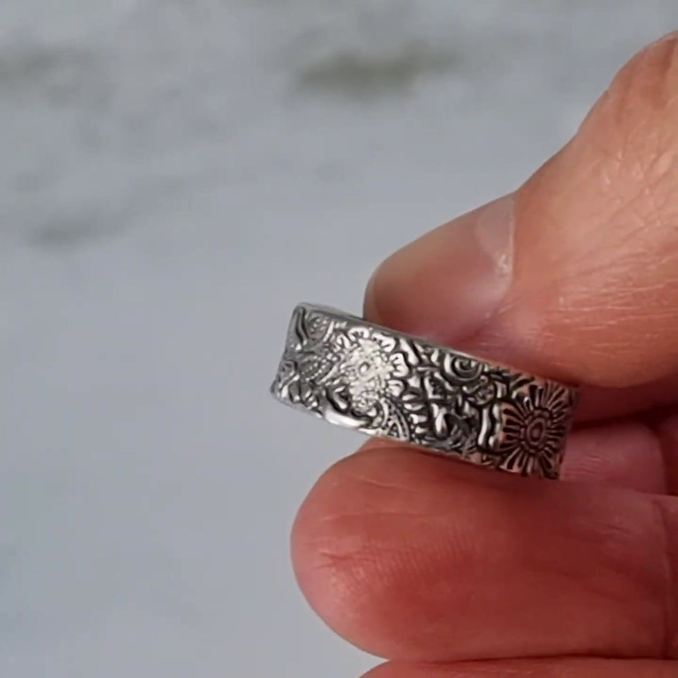 Thumbnail: Wide Band Ring in Silver w/Flower Pattern - Two CZ  Size O½