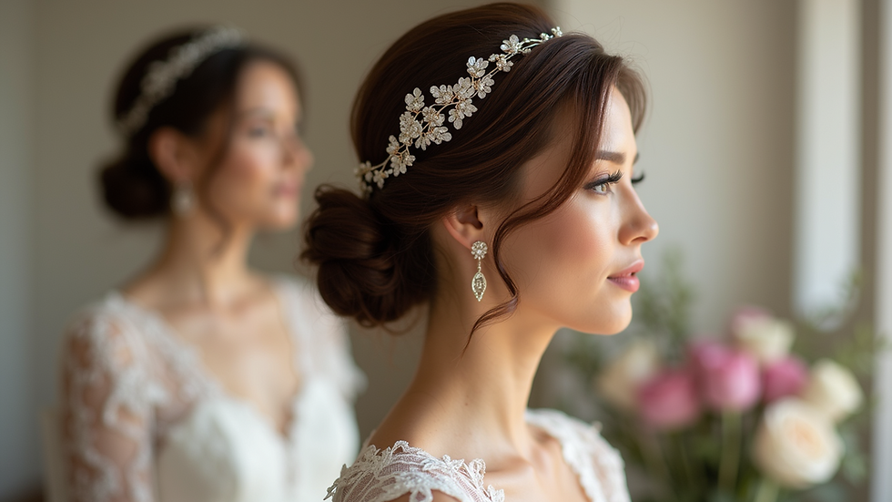 Eye-level view of a bridal hairstyle setup with elegant accessories