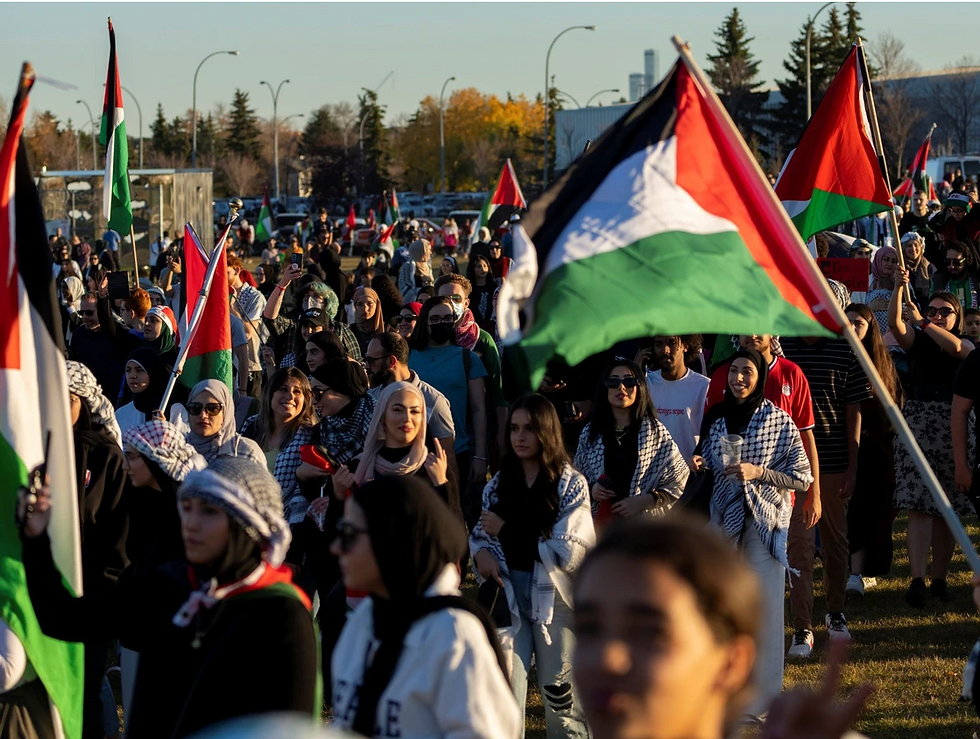A celebratory rally held in Edmonton on Oct. 8, just one day after an orchestrated series of massacres by Hamas murdered more than 1,000 Israeli civilians.