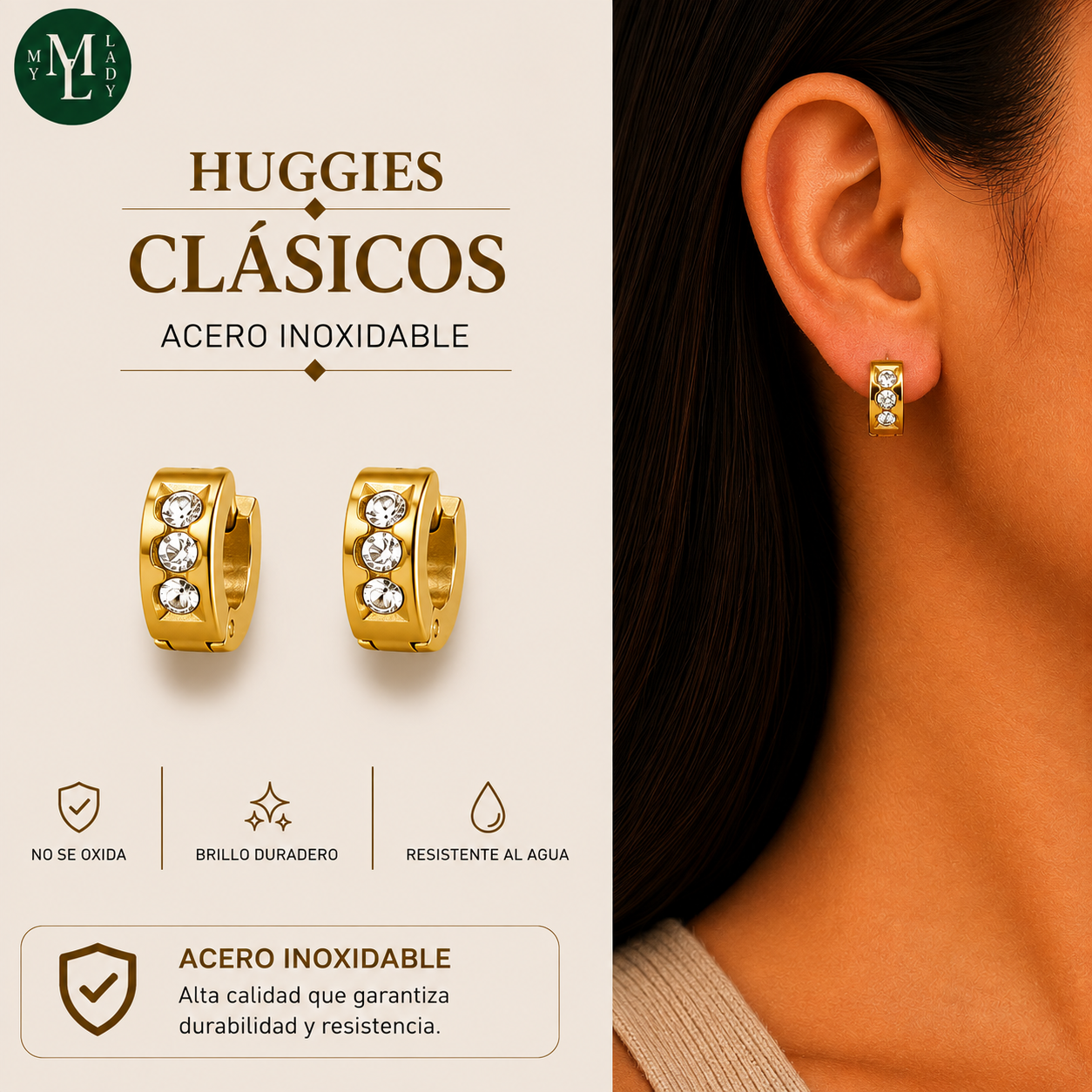 Huggies Con Piedras Dorados Acero Inoxidable My Lady Nails 3gr