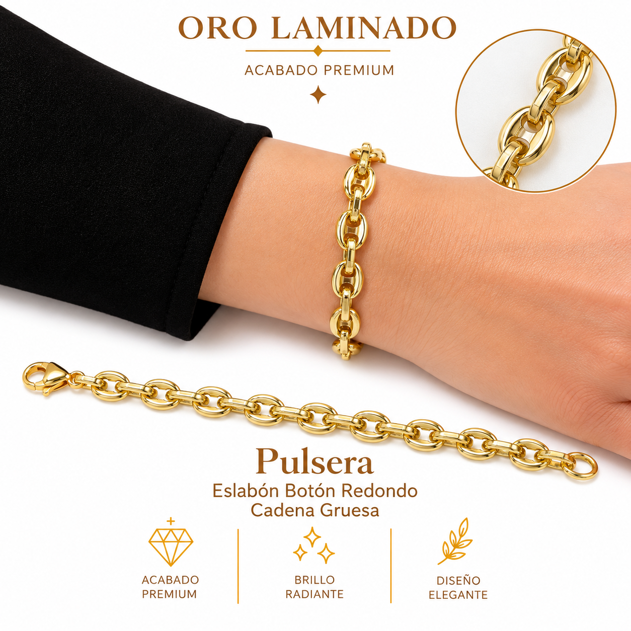 Pulsera Eslabón Botón Redondo Oro Laminado