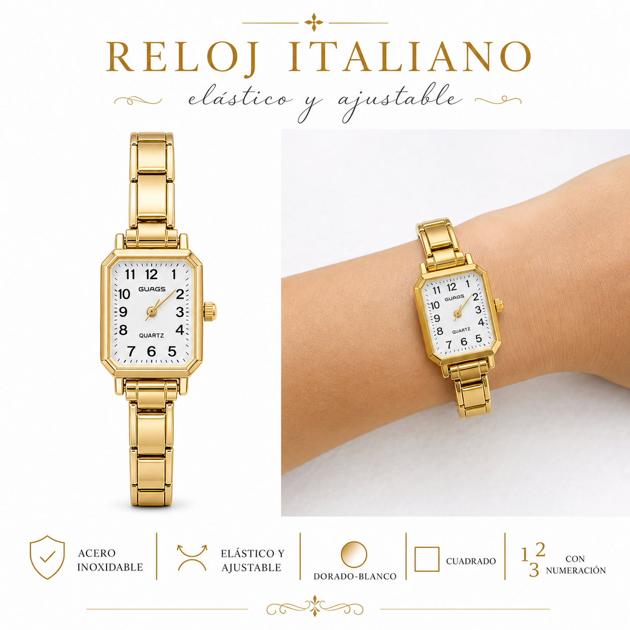 Reloj Italiano Dorado-Blanco Rectangular Numeración Acero Inoxidable