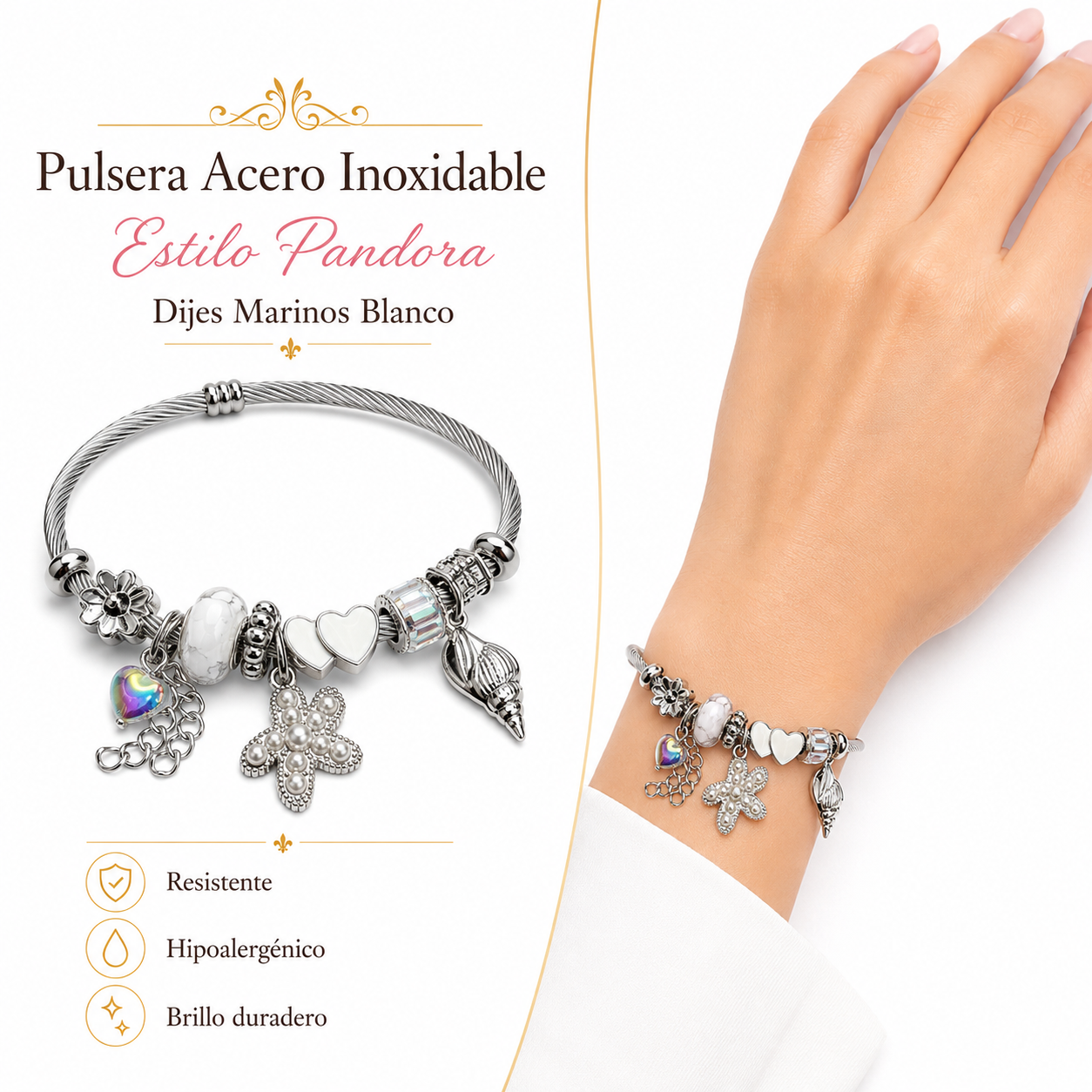 Pulsera Estilo Pandora Acero Inoxidable Marina Blanca