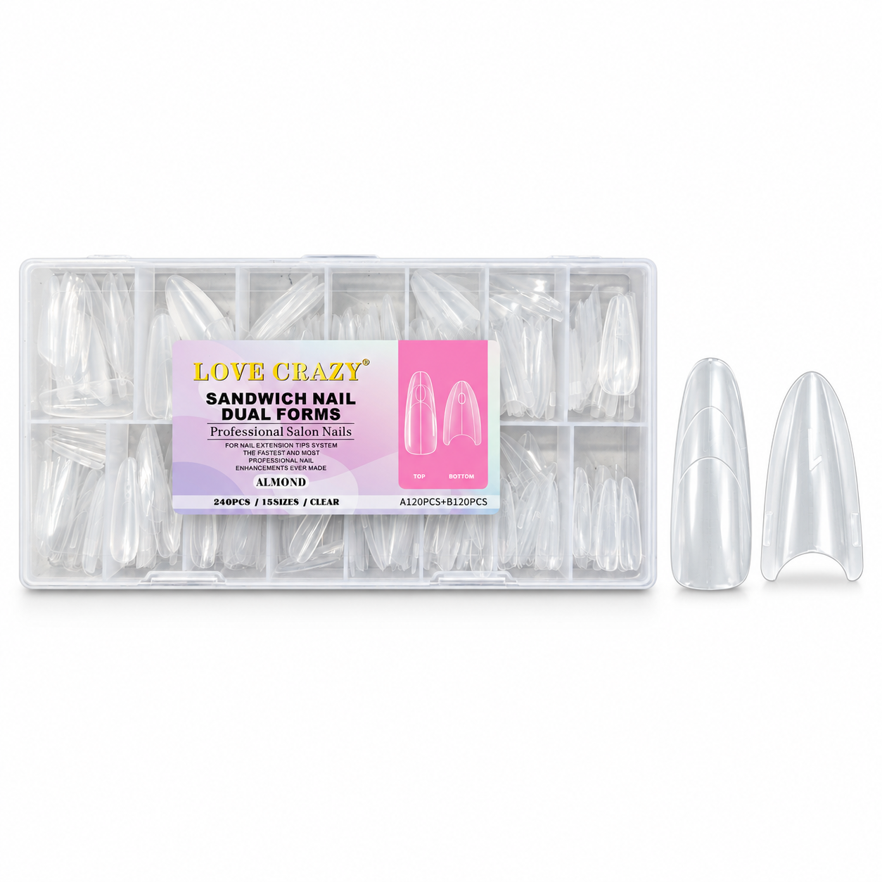 Tip Almond Sandwich Nail Dual Clear Forms 240 pzs 15 sizes