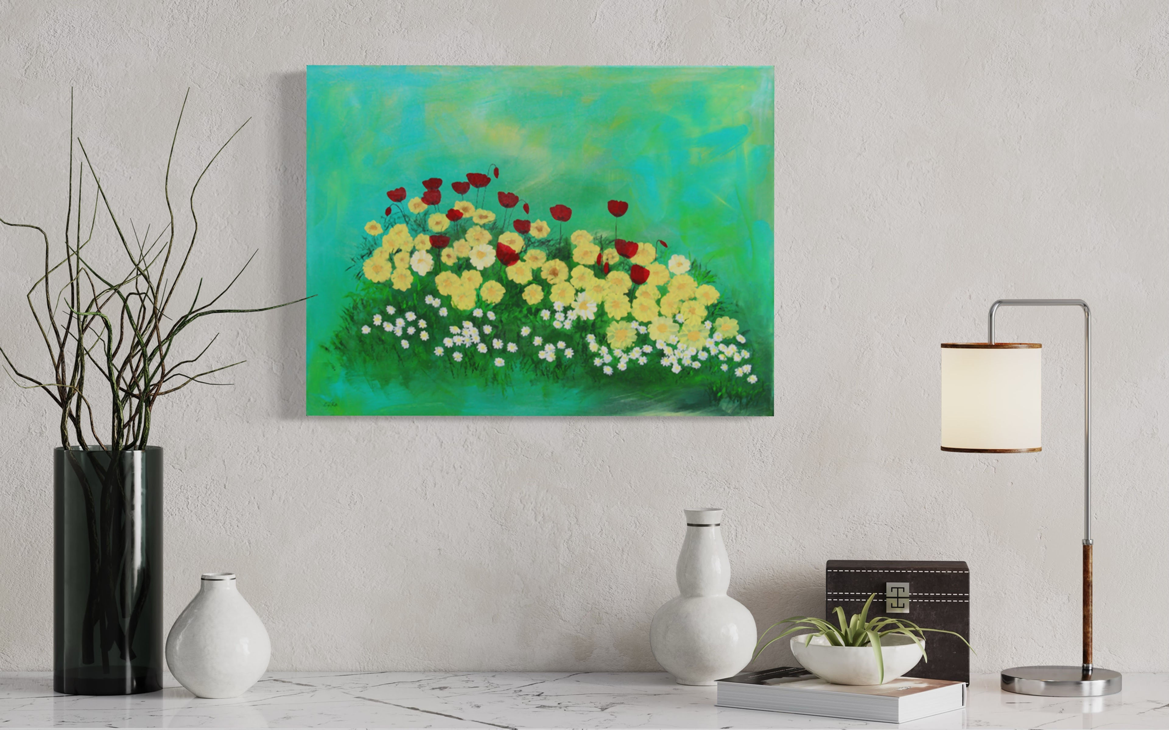 Poppies and sunbright wild chrysanthemums