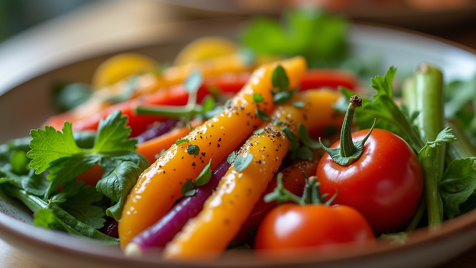 Close-up view of a healthy meal with colorful vegetables
