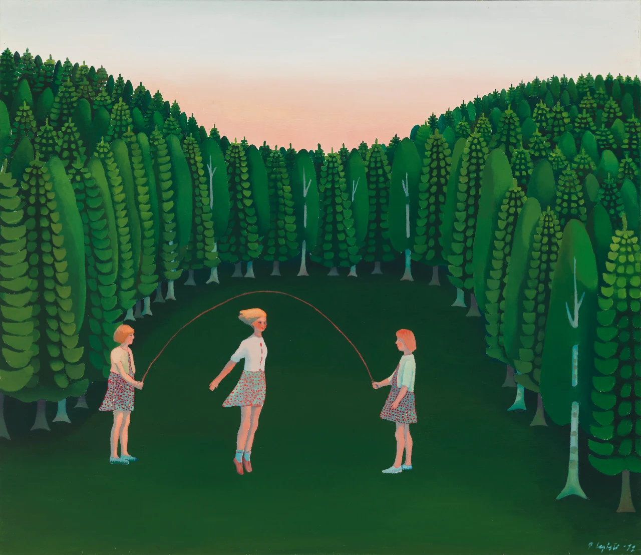 Painting of children playing skipping rope in the wood