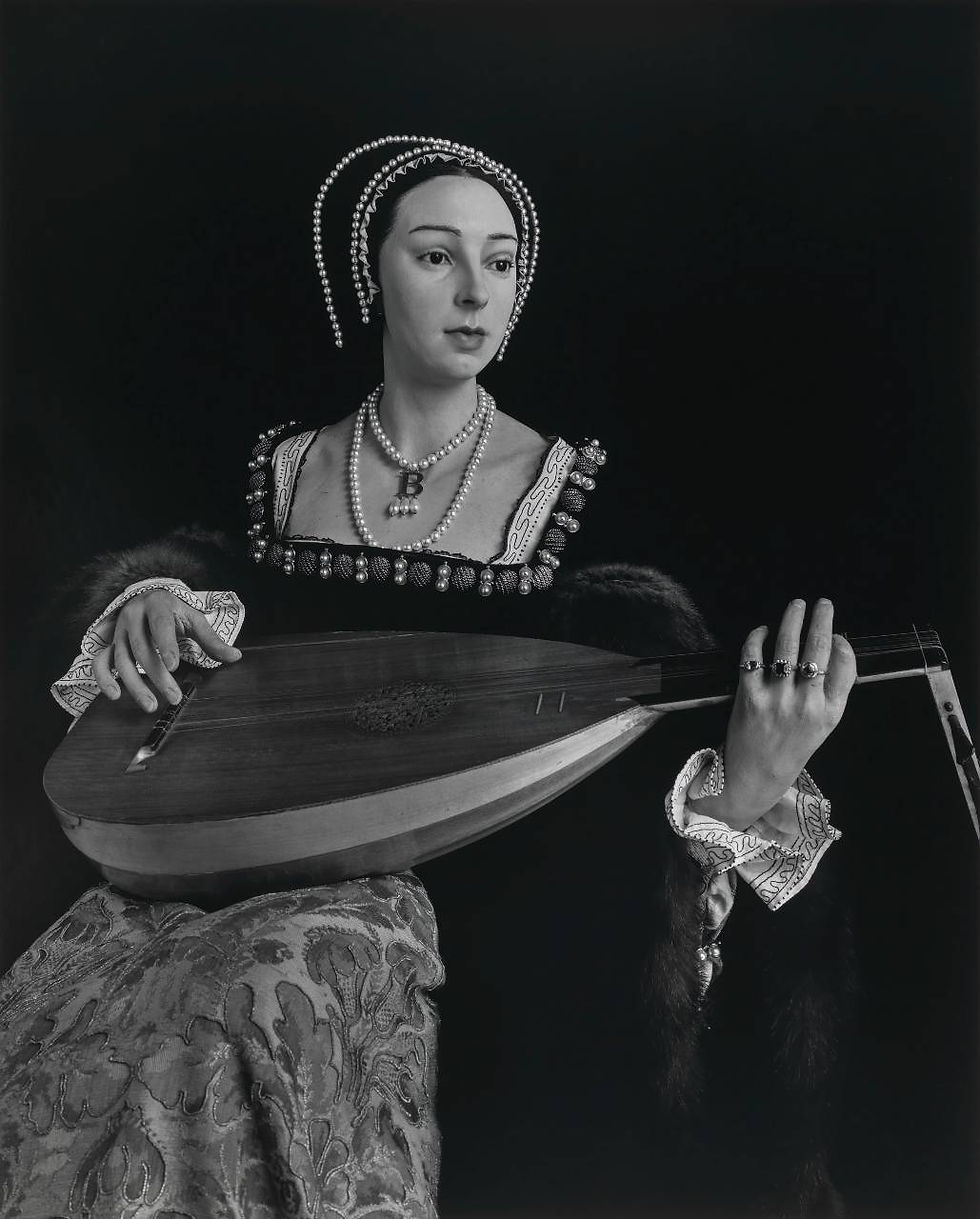 Black and white photo realist image of Anne Boleyn playing an instrument