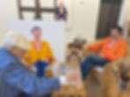 Photo of Hockney painting a canvas as Styles sits next to him