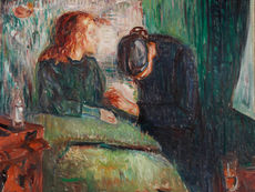 Munch painting showing a woman in bed gazes at another woman who leans over, grasping her hand. The scene is set in a room with deep green hues, conveying sadness.