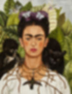 Painted portrait of Frida Kahlo with braided hair adorned with butterflies, flanked by a monkey and a cat, against a leafy backdrop. Necklace of branches.