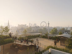 Rooftop garden with people relaxing and taking photos. City skyline with London Eye and Victorian architecture in the hazy background.