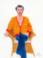 Painted portrait of Styles in red and yellow jumper sitting on a chair facing the viewer