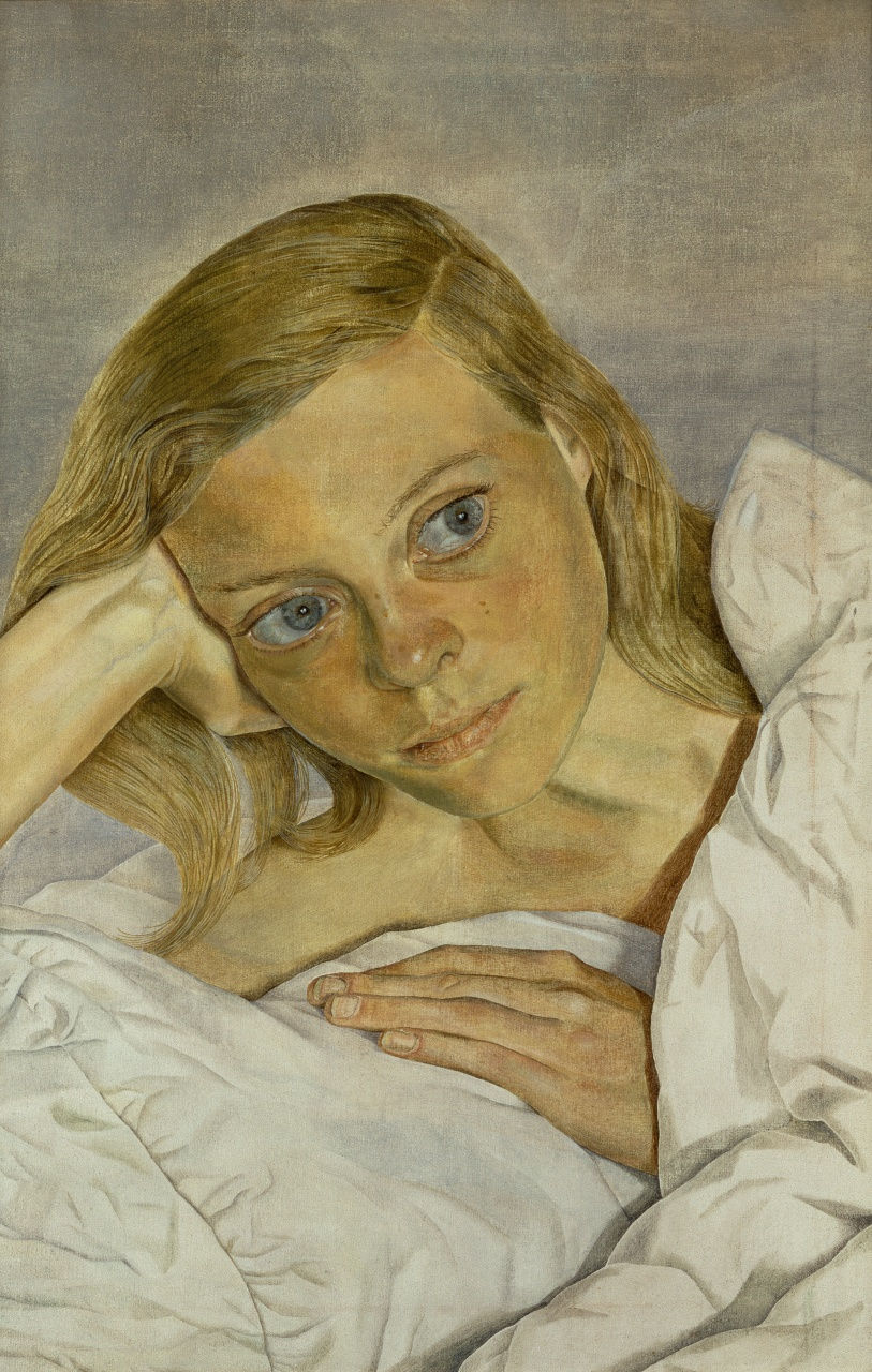 Lucian Freud's portrait of a young person with contemplative expression, resting on a white pillow. Blonde hair, blue eyes, warm tones, serene mood.