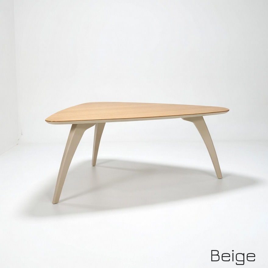 Miniature : Table basse modèle 1 chêne clair, triangulaire 3 pieds beige.