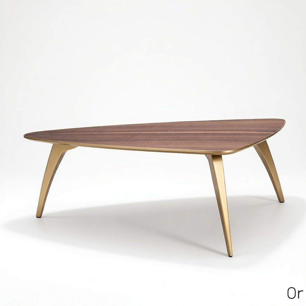 Miniature : Table basse modèle V noyer américain, plateau triangulaire plaqué noyer vernis mat, pieds et chant en finition dorée.