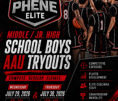 Hoop Phene Elite Fall Winter 2026 AAU basketball tryout flyer for middle and junior high school boys in Bakersfield, California.