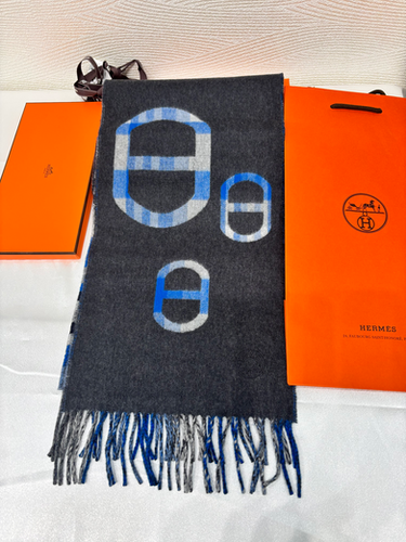 エルメス　カシミヤマフラー　カシミヤ100% HERMES (エルメス) メンズ マフラー カシミヤ100％ フリンジ モール