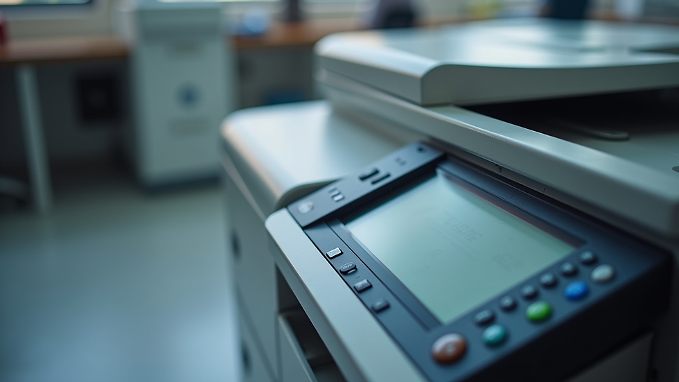 Close-up view of a copier control panel with buttons and display screen