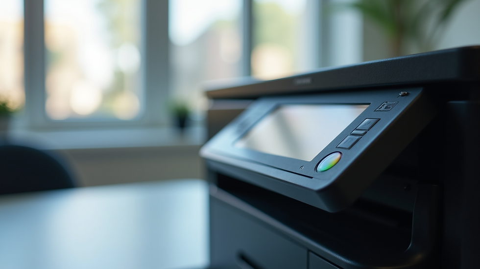 Close-up view of modern office printer with touchscreen panel
