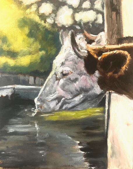 Oil painting of a bull drinking from a water trough