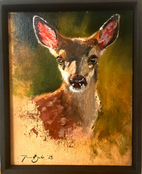 Oil painting of a fawn captured in the early morning sun