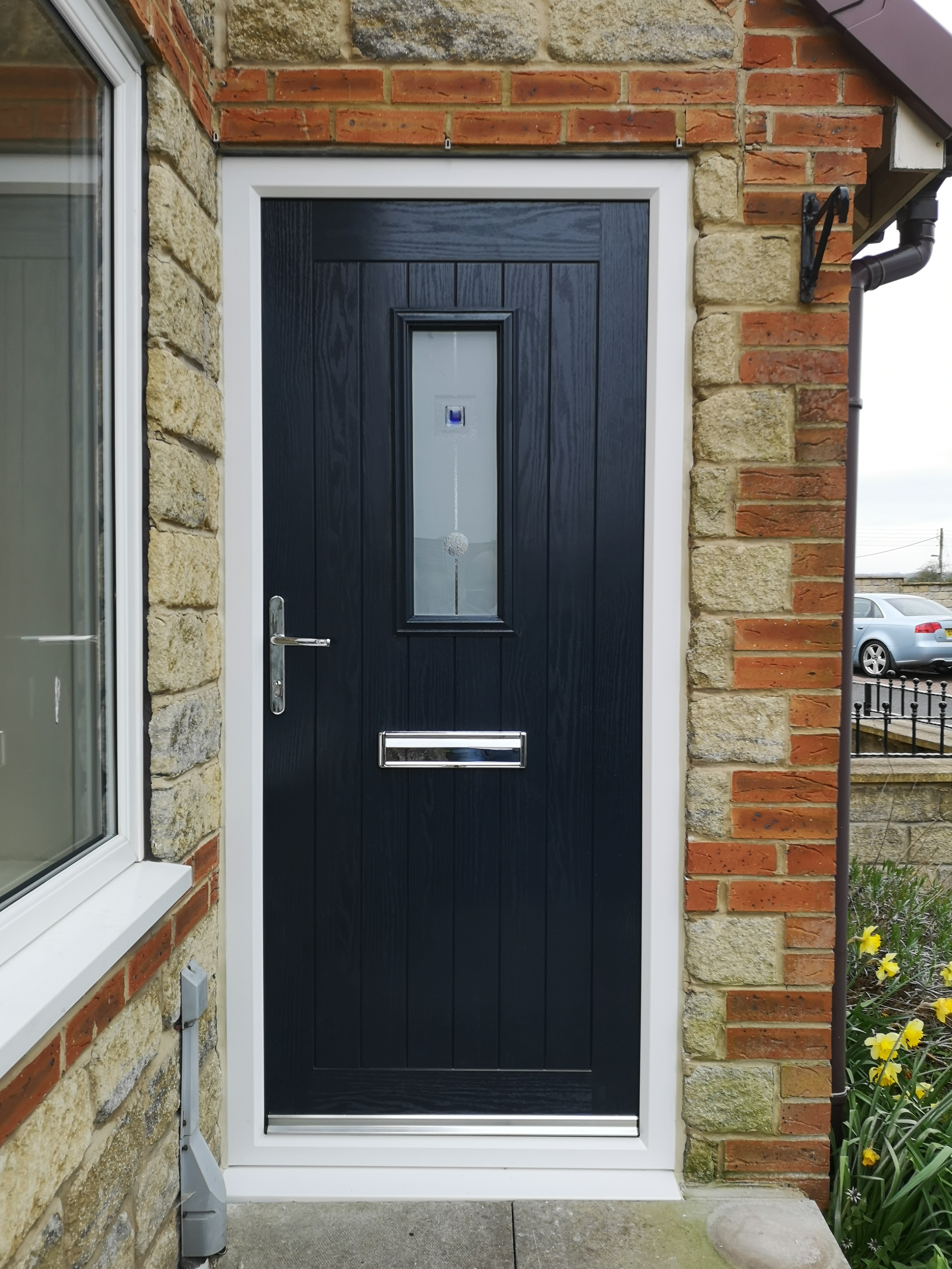 Cottage Short Door with Colorado blue/sandblast glass. Ink Blue finish with chrome furniture.