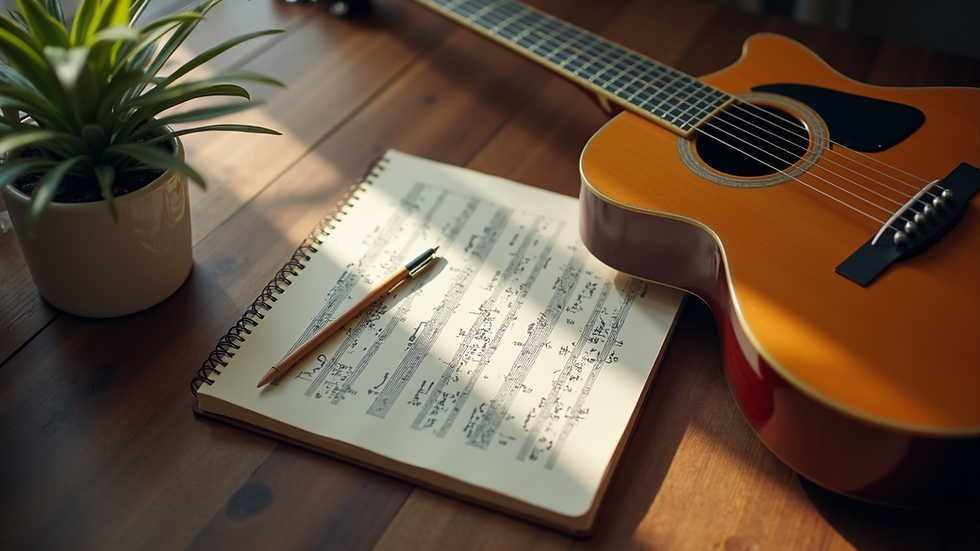 High angle view of a guitar and notebook with music notes