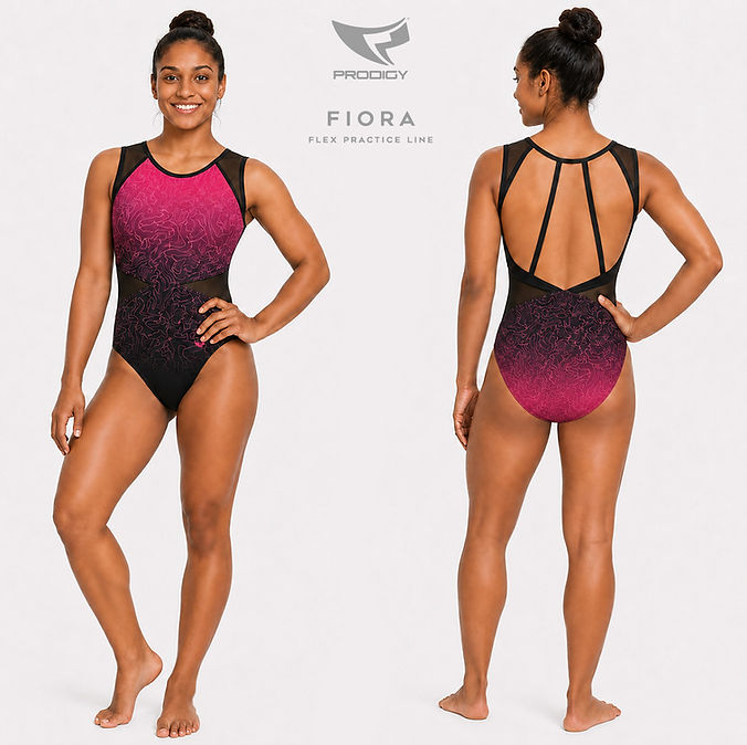 Custom Gymnastics Leotard Fiora, via Prodigy Cheer Apparel's FLEX Practice Line