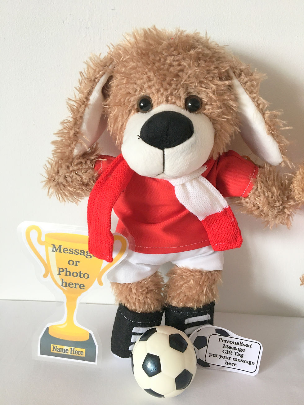 Thumbnail: MANCHESTER UNITED PERSONALISED TEDDY BEAR / PUPPY DOG FLAT TROPHY WITH MESSAGE P