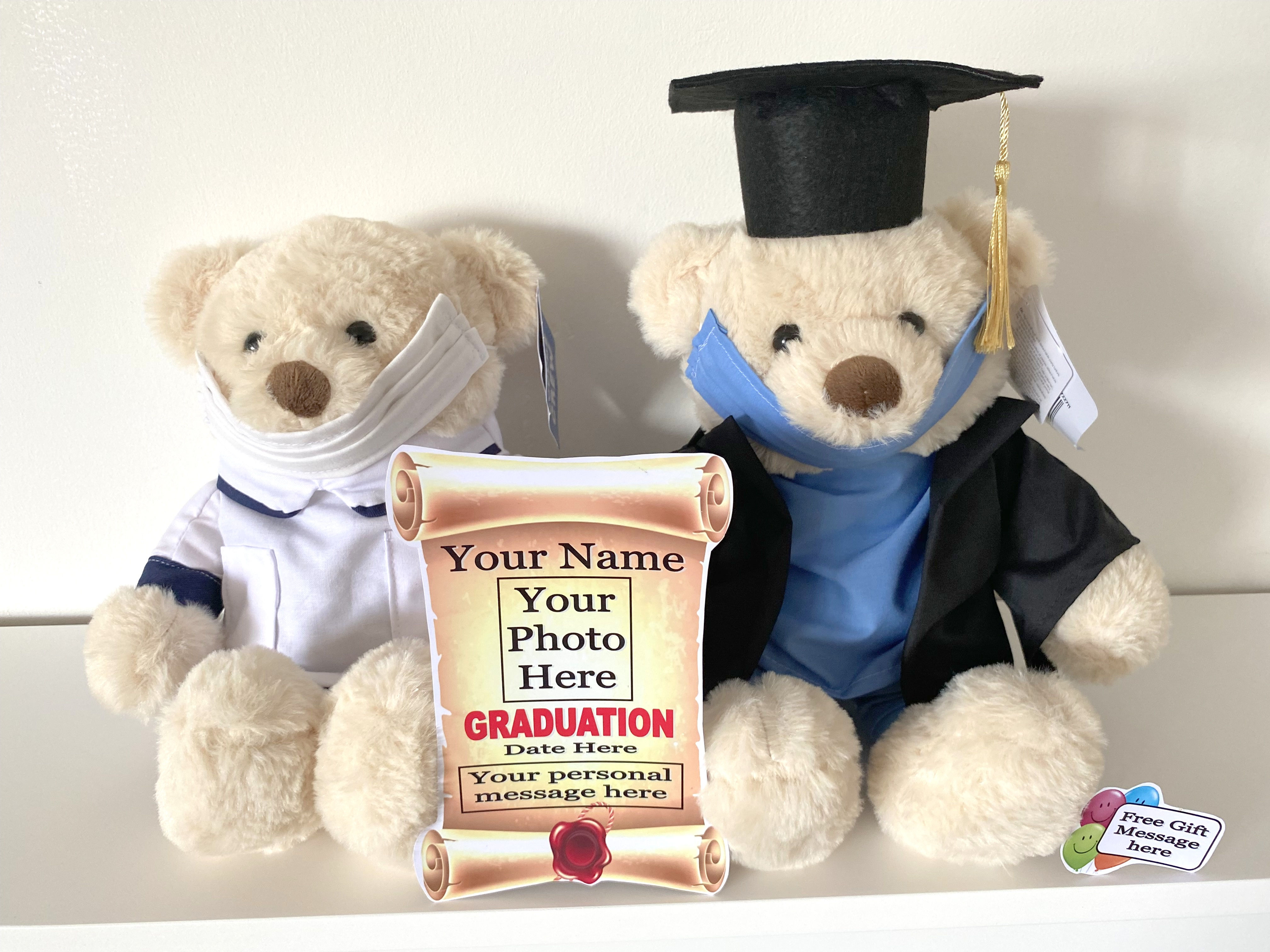 GRADUATION DENTIST PERSONALISED TEDDY BEAR WITH FLAT PHOTO SCROLL