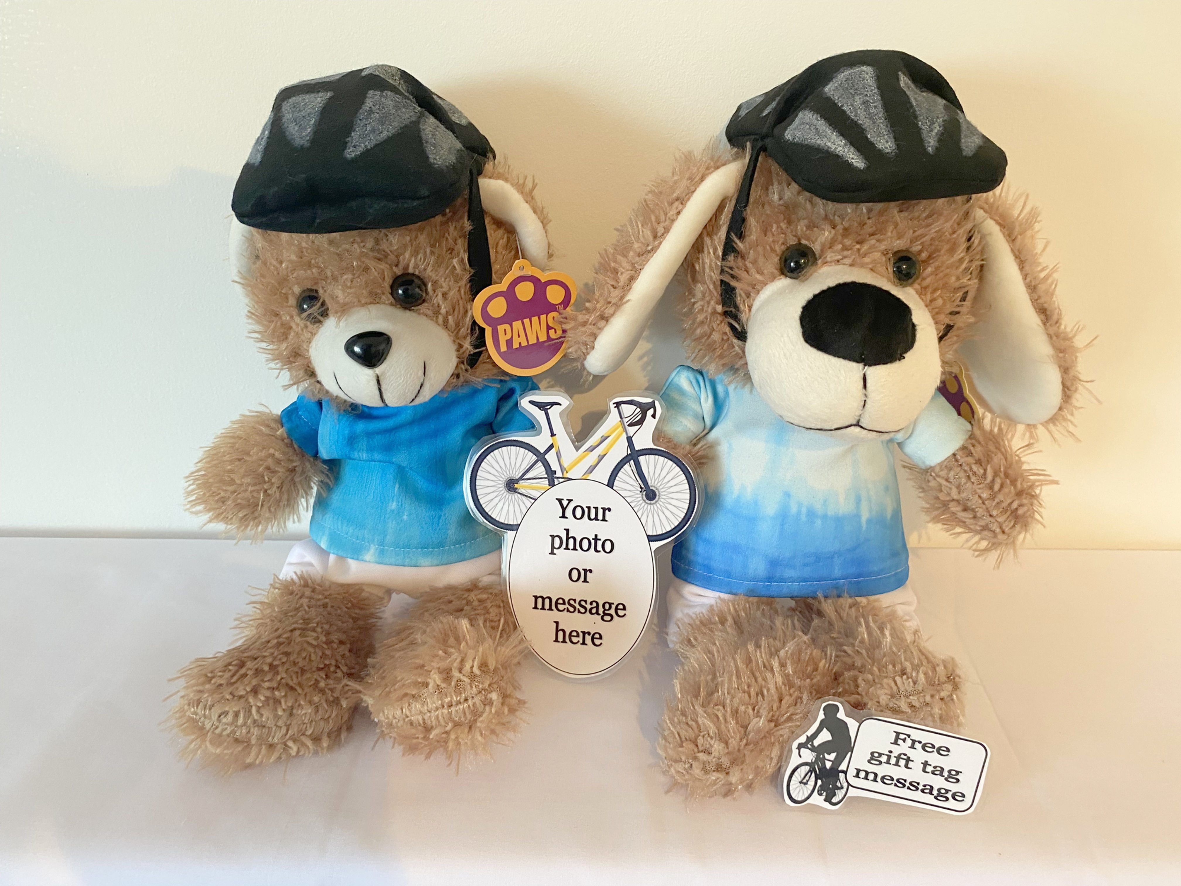 CYCLIST PERSONALISED TEDDY BEAR / PUPPY DOG WITH PHOTO MESSAGE FLAT BIKE