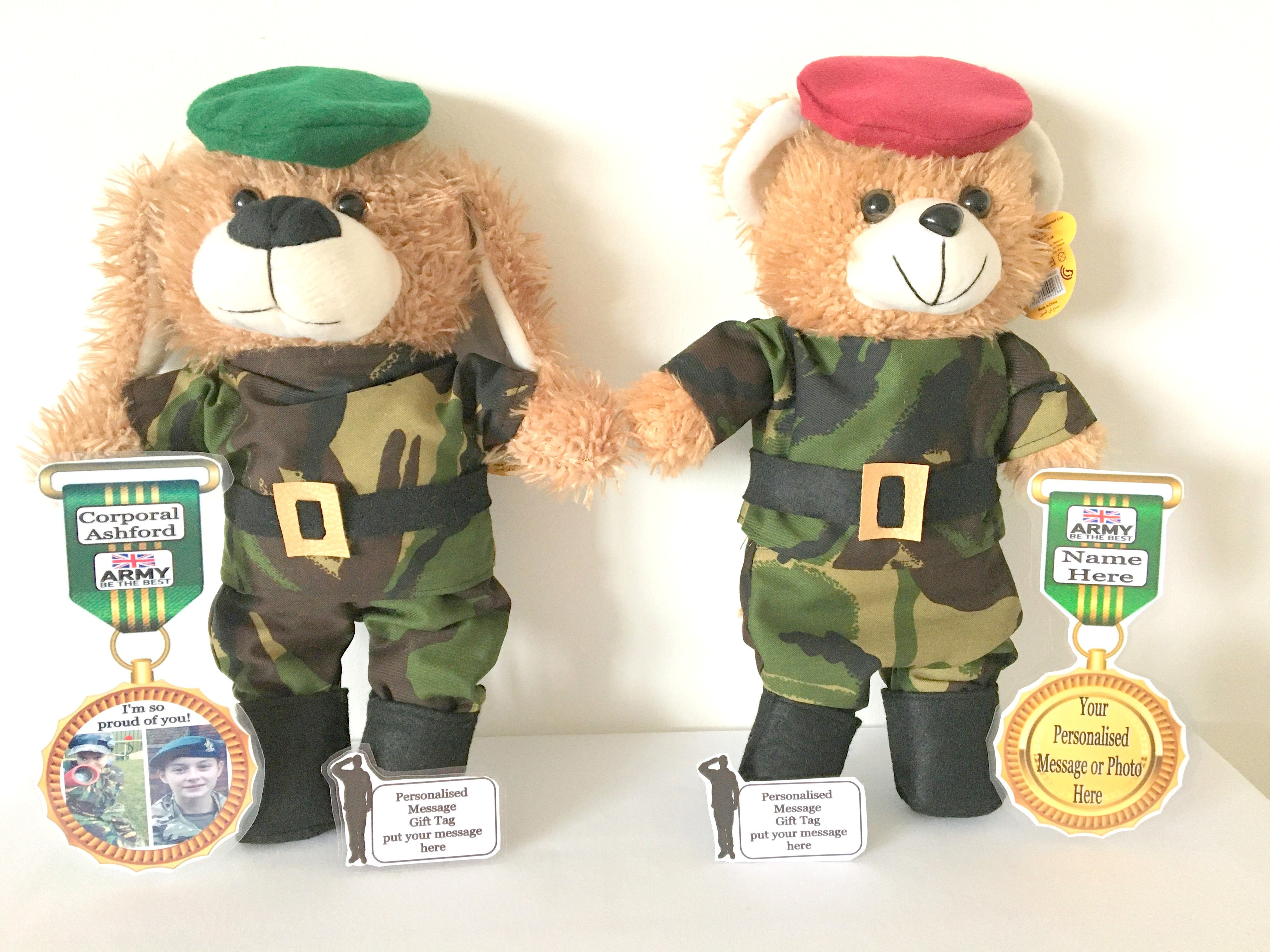 ARMY SOLDIER PERSONALISED TEDDY BEAR OR PUPPY DOG WITH PHOTO MESSAGE FLAT MEDAL