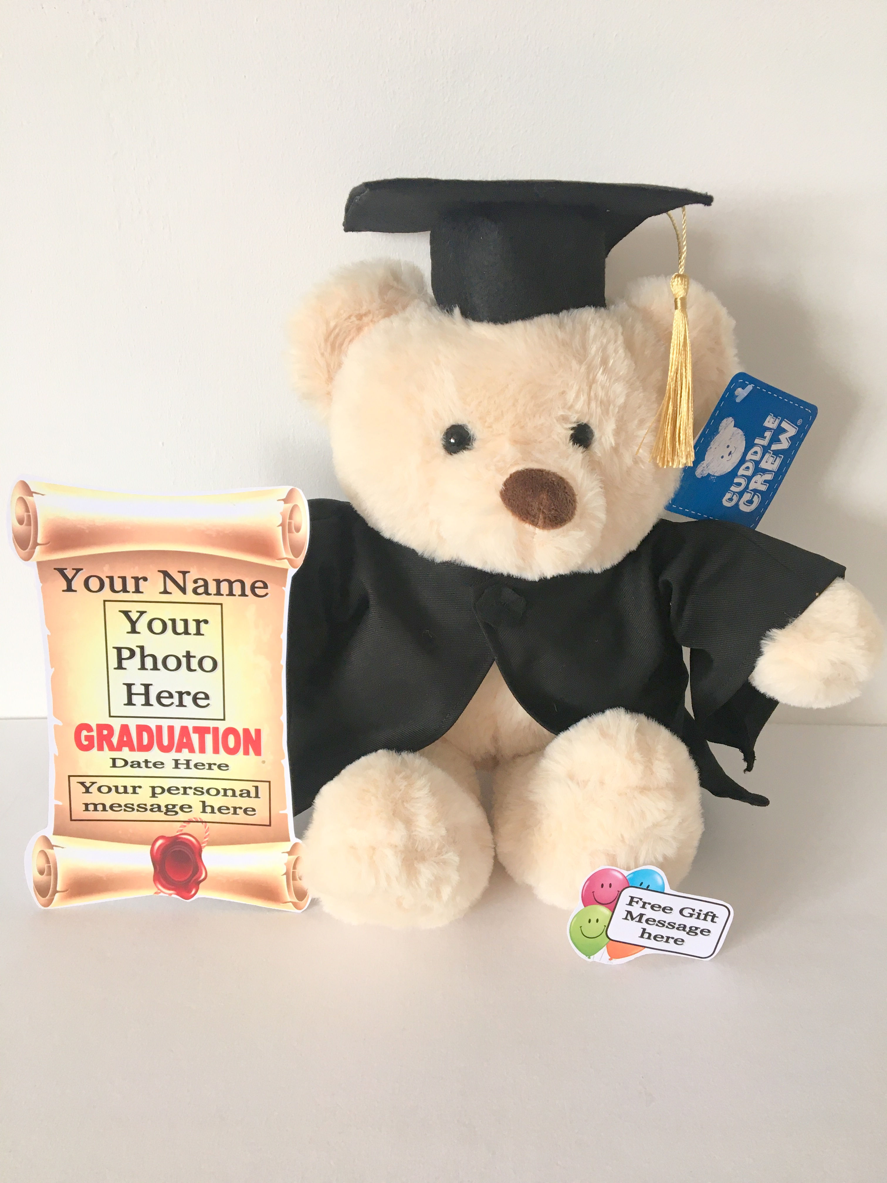 GRADUATION PERSONALISED TEDDY BEAR WITH PHOTO MESSAGE FLAT SCROLL & GIFT TAG