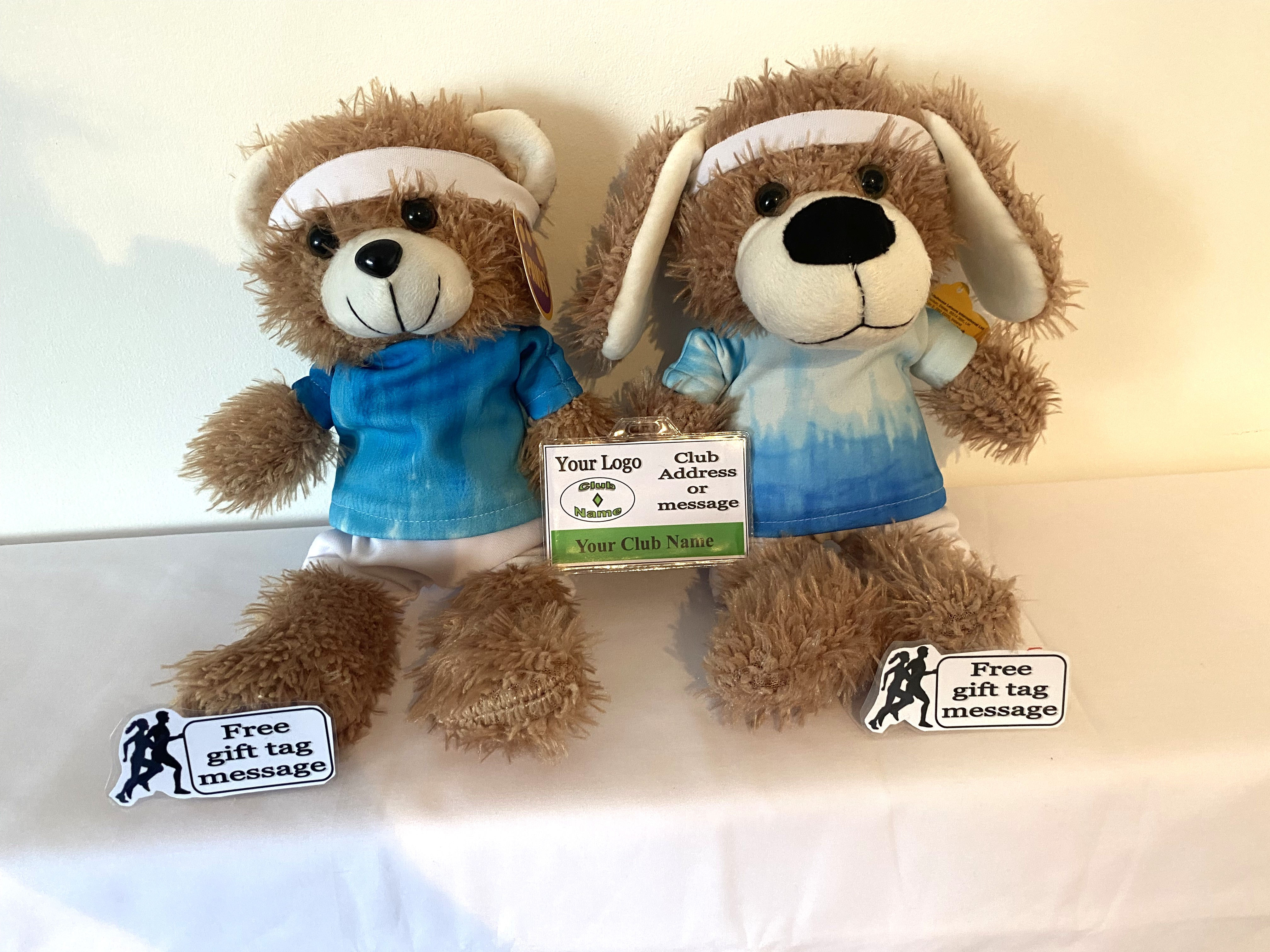 RUNNER PERSONALISED TEDDY BEAR / PUPPY DOG WITH ID BADGE option CLUB LOGO