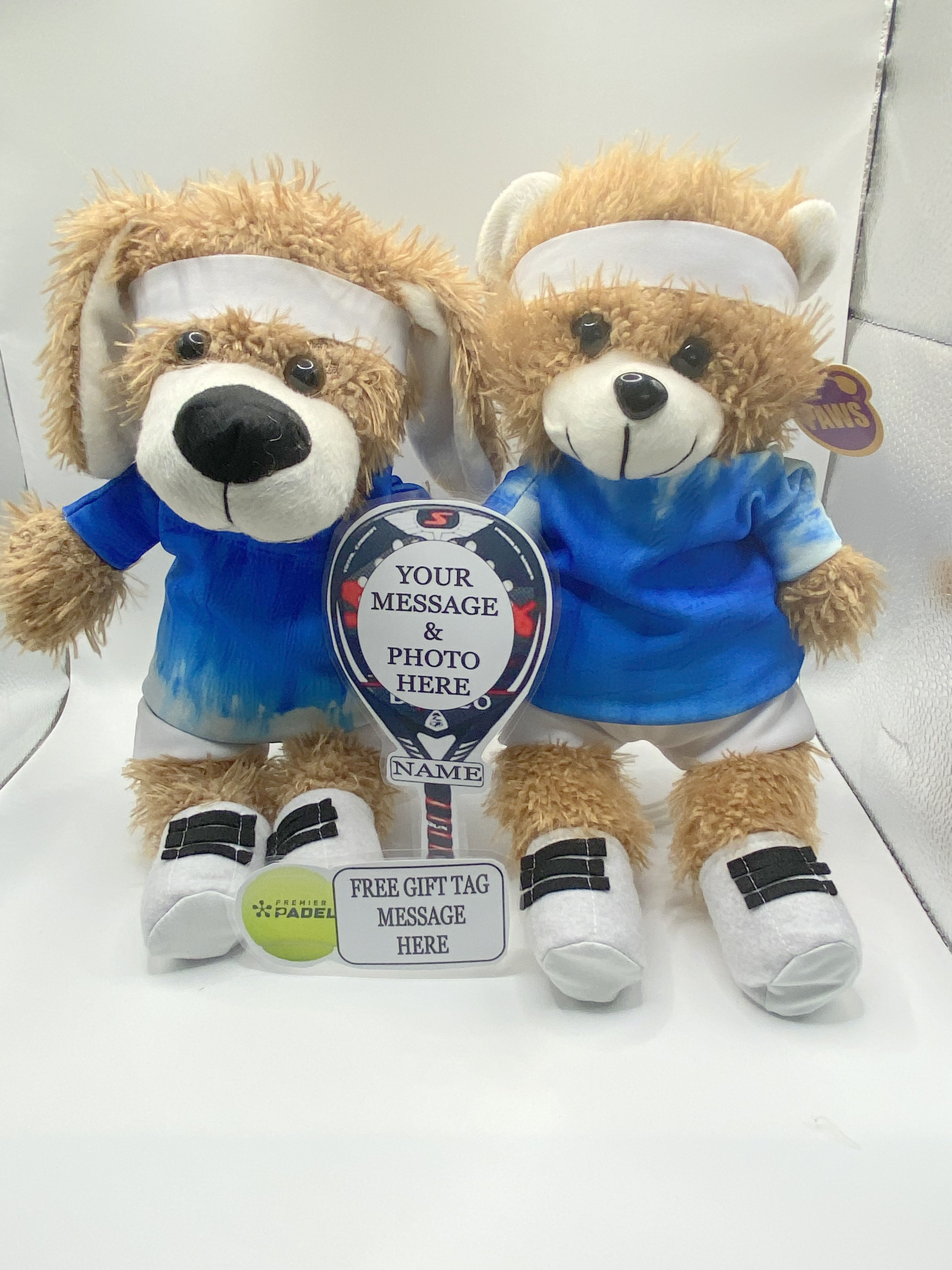 PADEL PERSONALISED TEDDY BEAR / PUPPY DOG FLAT PHOTO RACKET, FREE GIFT TAG