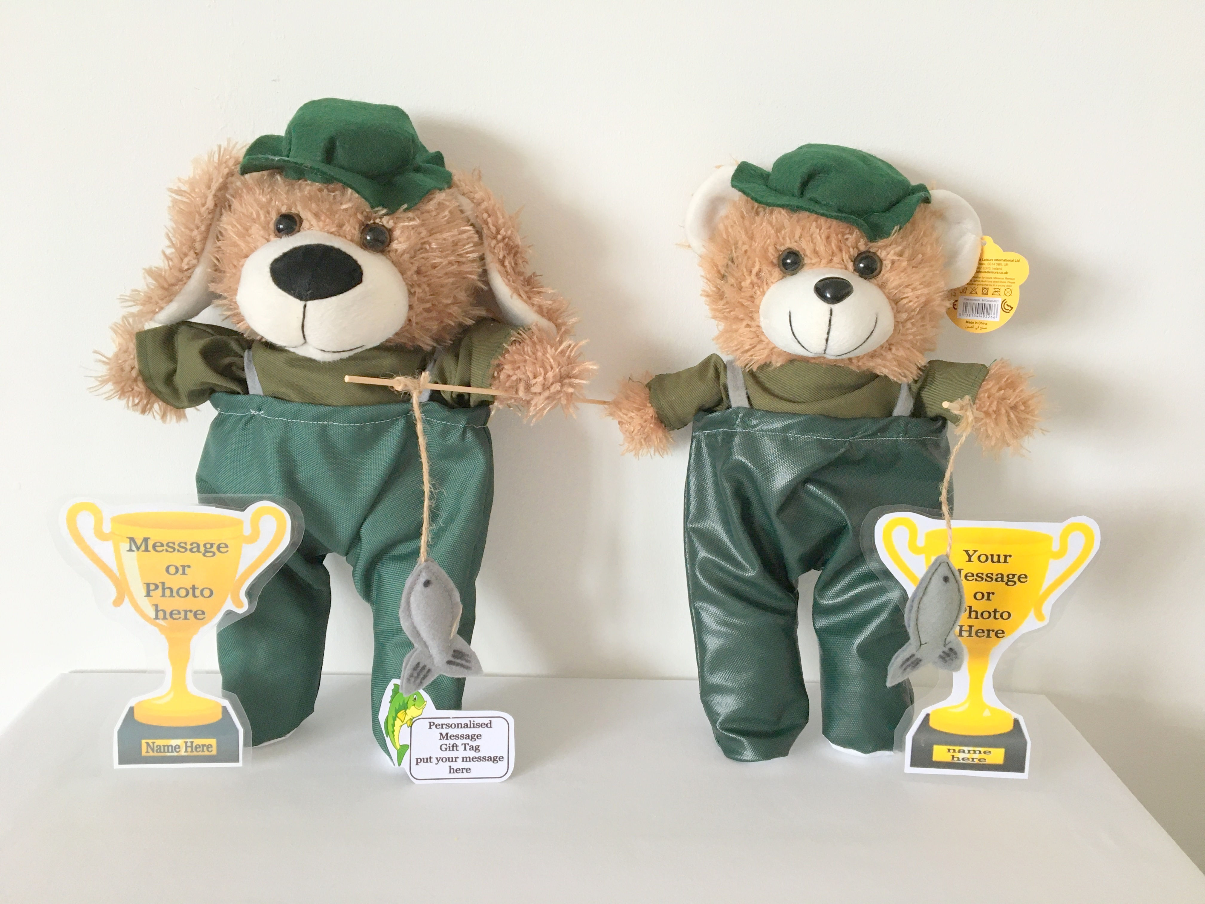 FISHERMAN PERSONALISED TEDDY BEAR OR PUPPY DOG WITH FLAT PHOTO MESSAGE TROPHY